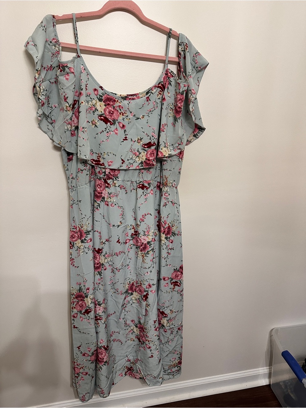 SHEIN Light Blue Floral Midi Dress with Pink Roses